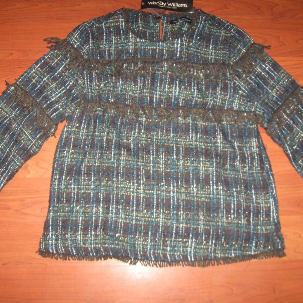 WENDY WILLIAMS COLLECTION Fringe Tweed Top XS S Teal Green Black Blouse Eyelash